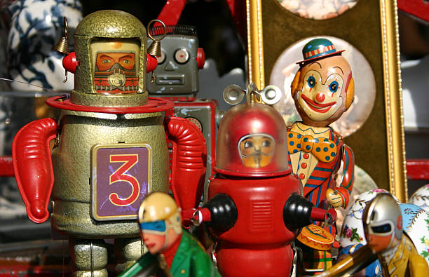 Tin space robots and other old toys at Covent Garden market in London.